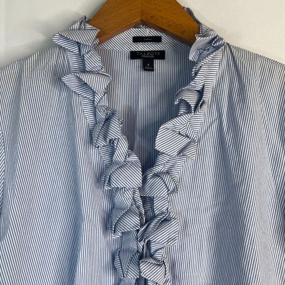 Talbots Blue White Pin Striped 3/4 Sleeve Ruffled Neckline Button Up Size 4 - Picture 3 of 10
